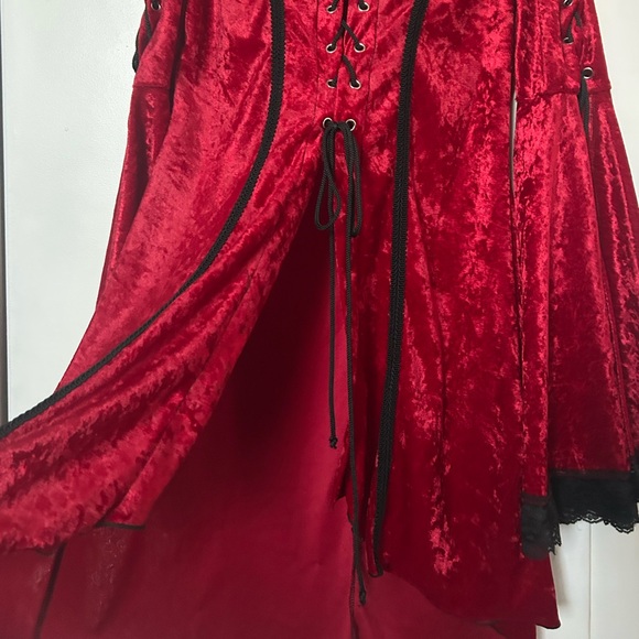 Vintage 90s Lip Service Red Crushed Velvet Black Lace Corset Lace Up Top Goth L - Picture 8 of 9